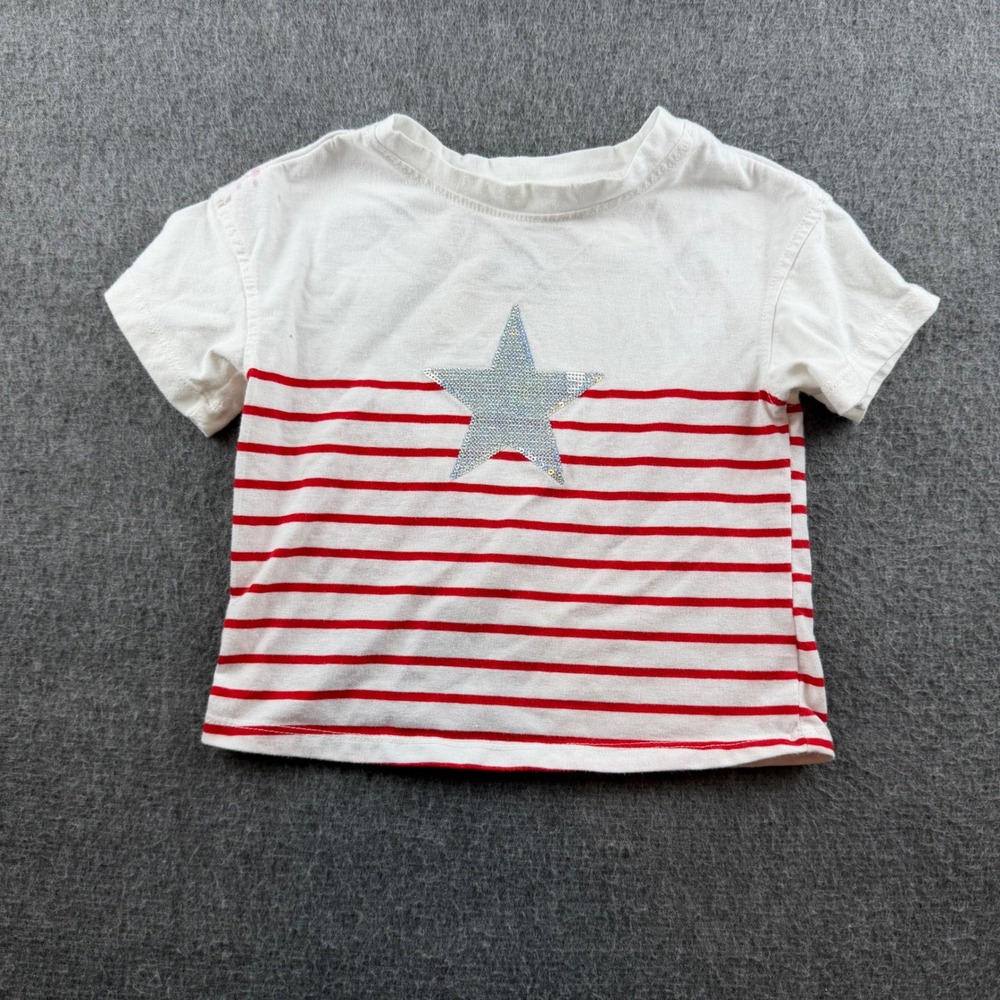 Cat & Jack T-Shirt Kids 4T White Red Striped Glitter Star Short Sleeve Tee